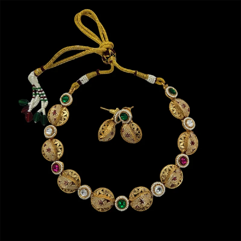 Nakoda Jewels Brass Copper Gold Plated Pota Stone Necklace Set