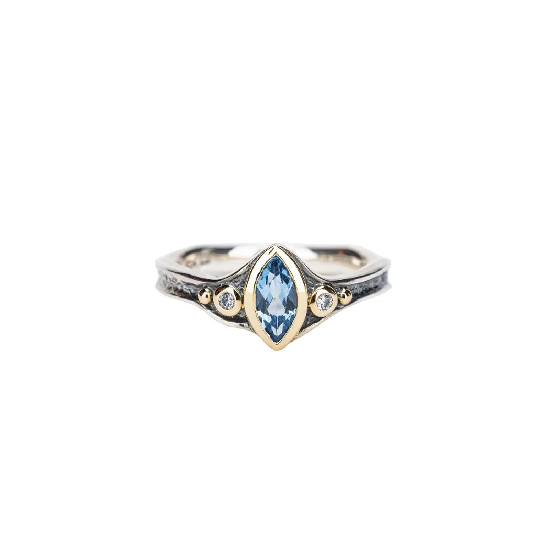 Silver and 10k Gold Rocks 'n Rivers Ring - Marquise Swiss Blue Topaz and Cubic Zirconia