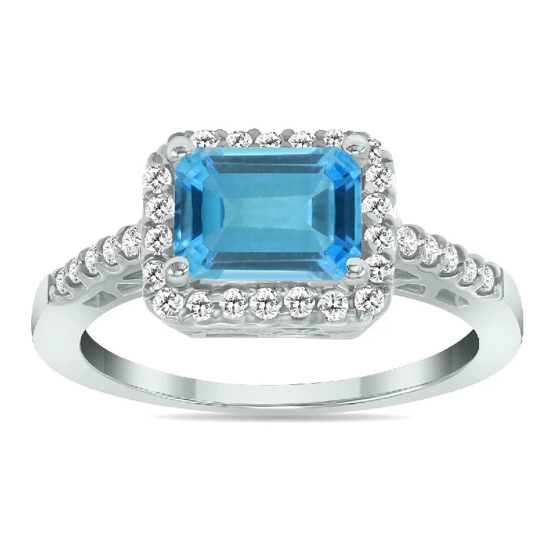 Marquee Jewels 2 1/2 Carat TW Emerald Cut Blue Topaz Diamond Ring in 10K White Gold