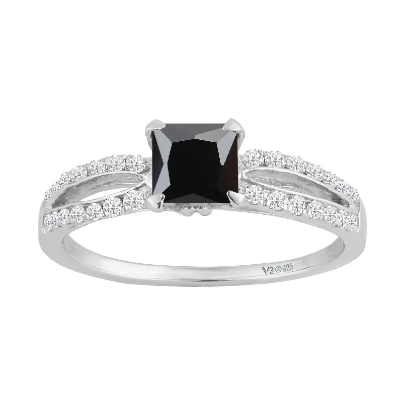 Sterling Silver with Natural Black Spinel and White Diamond Ring