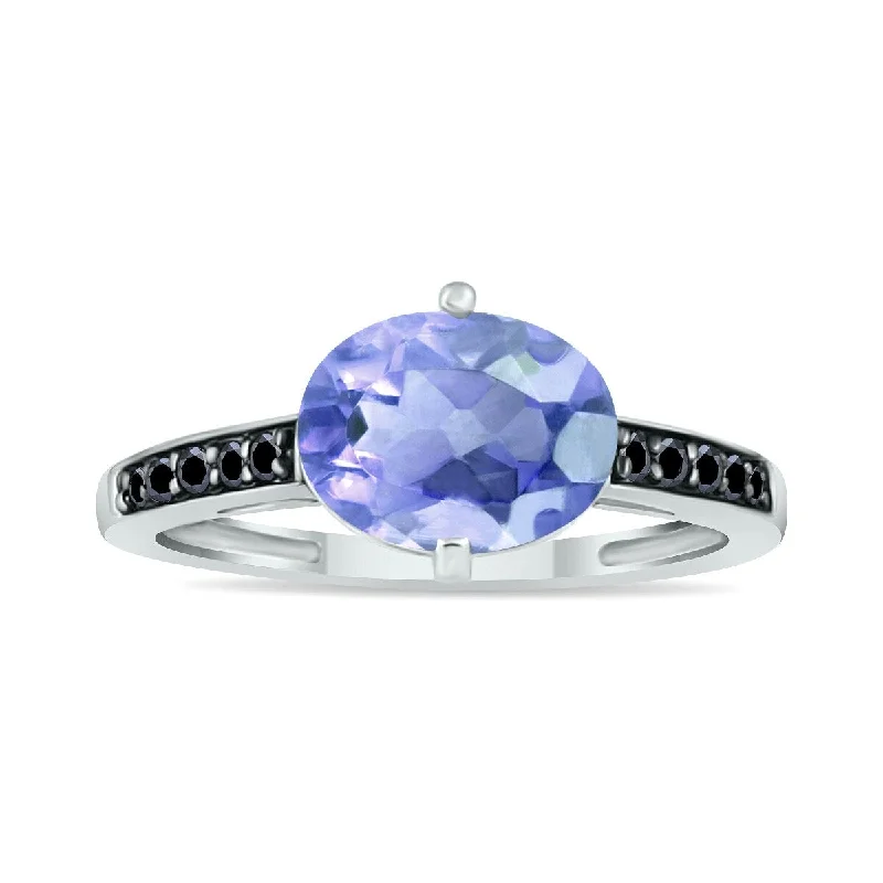 Marquee Jewels Tanzanite and Black Diamond Ring in 10K White Gold