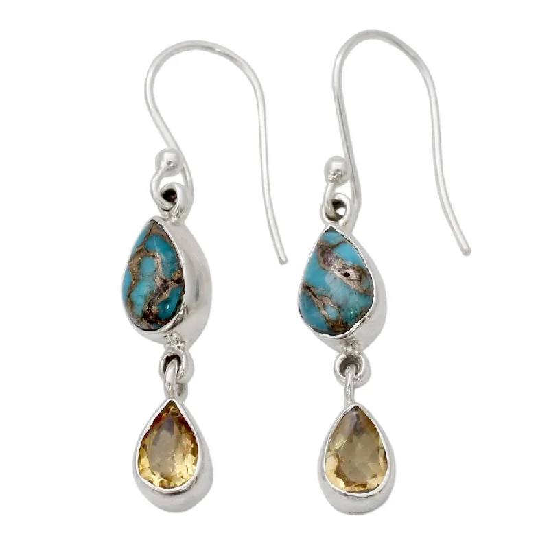 Handmade Sterling Silver 'Heavenly Light' Citrine Turquoise Earrings (India)