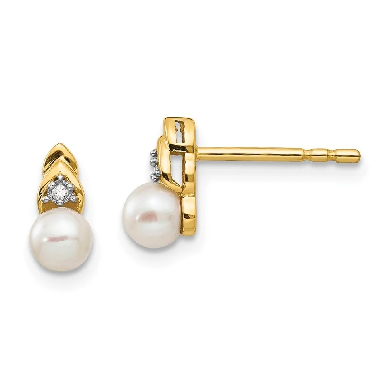 14k Yellow Gold Diamond And Cultured Pearl Earrings (L-9 mm, W-4 mm)