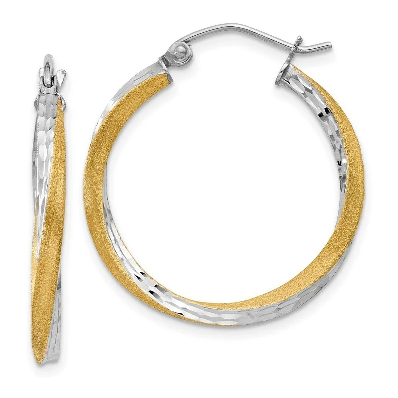 Curata 14k Yellow Gold White Rhodium Satin 2.5x25mm Twisted Hoop Earrings