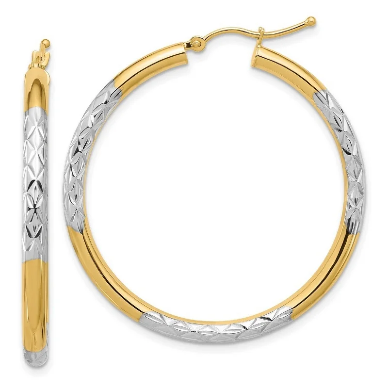 Curata 10k Yellow Gold With Rhodium Sparkle Cut 3x40mm Tube Hoop Earrings