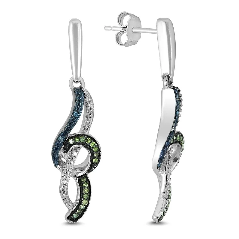 Marquee Blue Green and White Diamond Swirl Earrings in .925 Sterling Silver