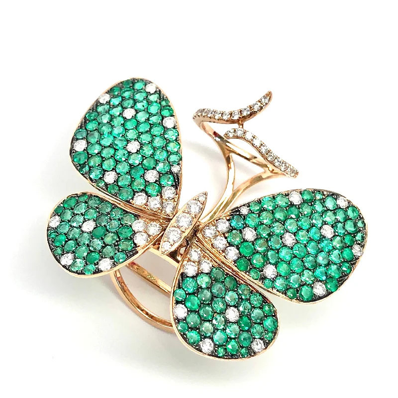 Celebration 18K Rose Gold Butterfly Ring - White Diamonds & Emerald