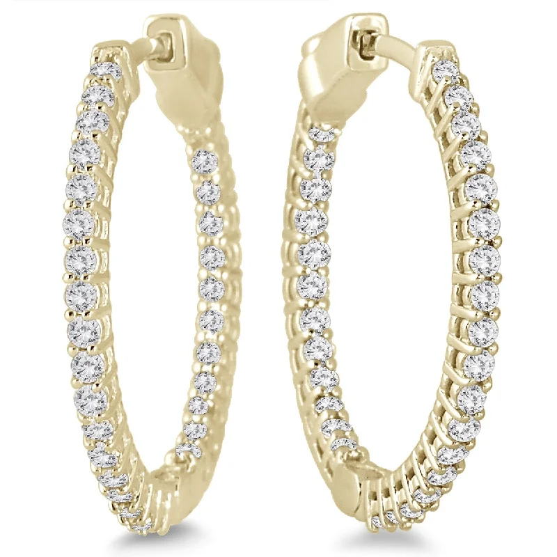 Marquee 1 Carat TW Round Diamond Hoop Earrings with Push Down Button Locks in Yellow Gold (K-L Color, I2-I3 Clarity)