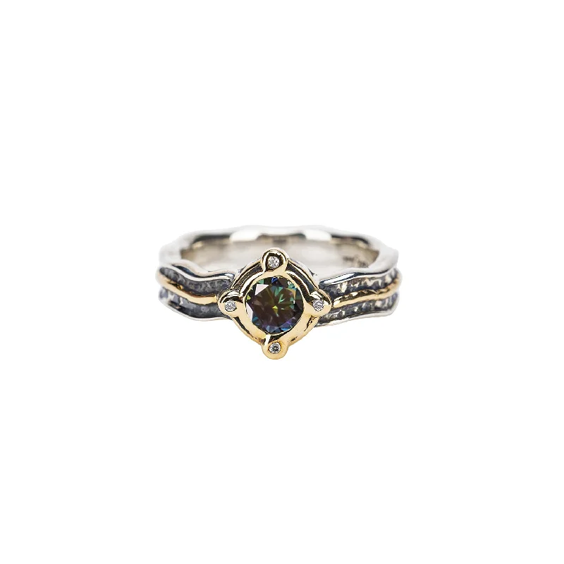 Silver and 10k Gold Rocks 'n Rivers Ring - Mystic Blue Moissanite