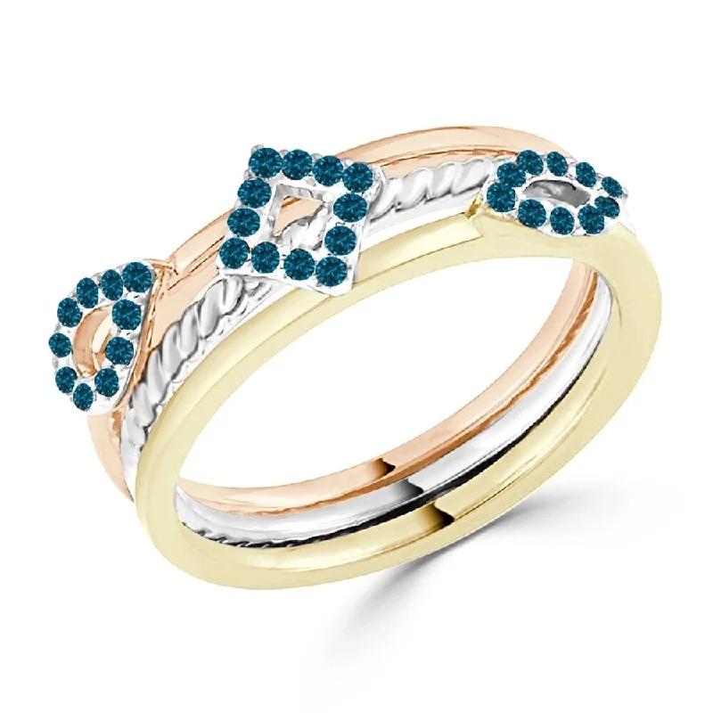 Auriya Geometric Tri-Color Stackable Blue Diamond Ring 1/5cttw 10K Gold