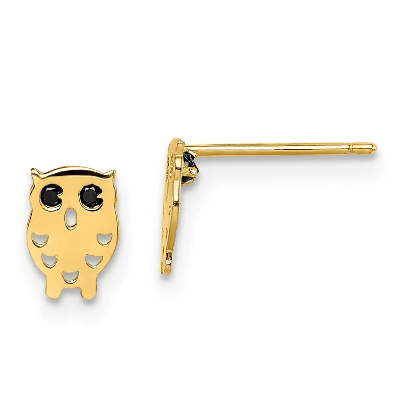 Curata 14k Yellow Gold Black CZ Cubic Zirconia Owl Post Earrings - 6.8mm long