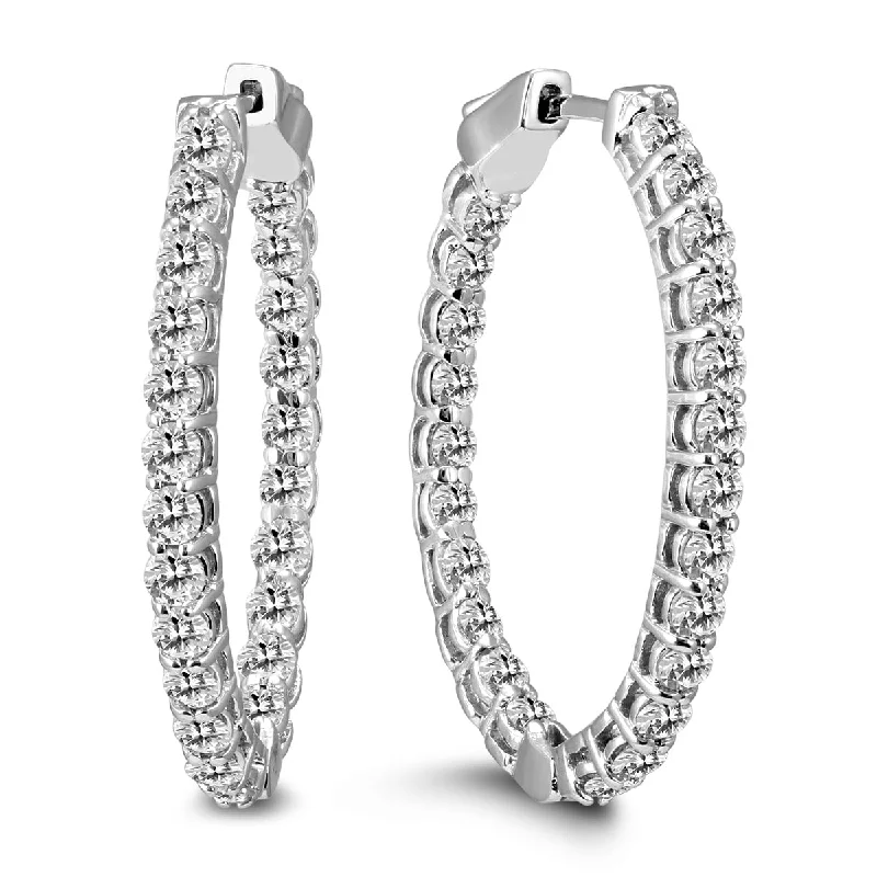 Marquee 2 Carat TW Oval Diamond Hoop Earrings with Push Button Locks in 14K White Gold