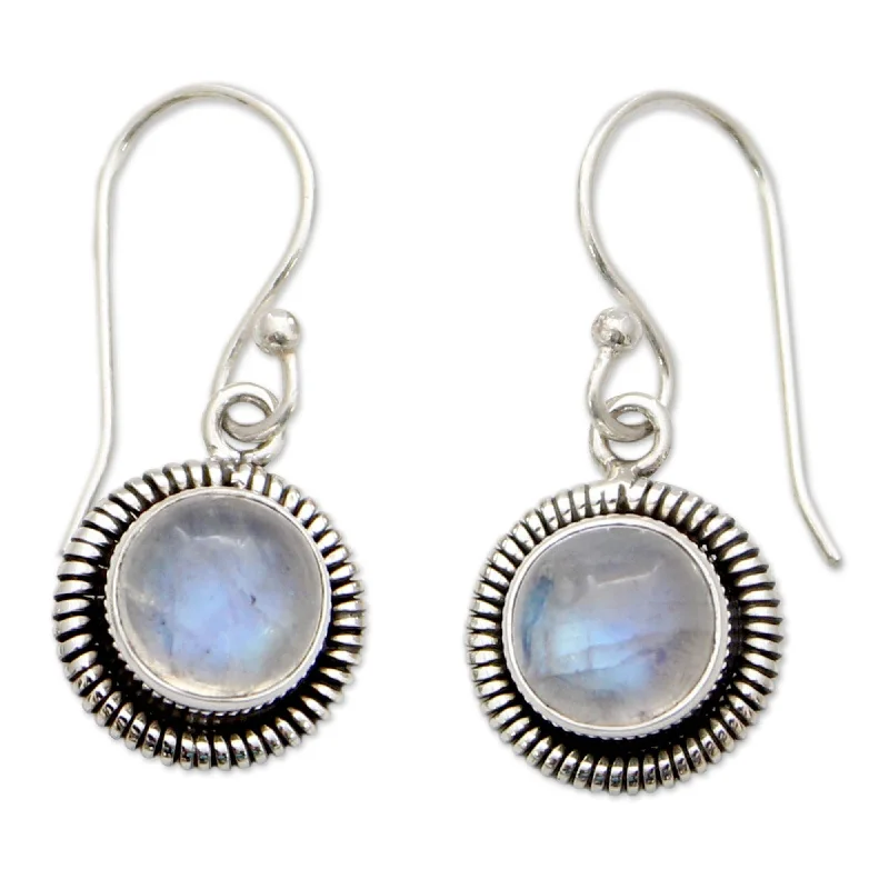 Moonlit Orbs Round Moonstones Set in Sterling Silver Bezels Dangle Earrings