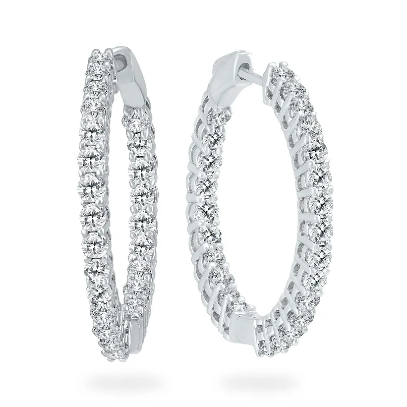 Marquee 3 Carat TW Round Diamond Hoop Earrings with Push Down Button Lock in 14K White Gold