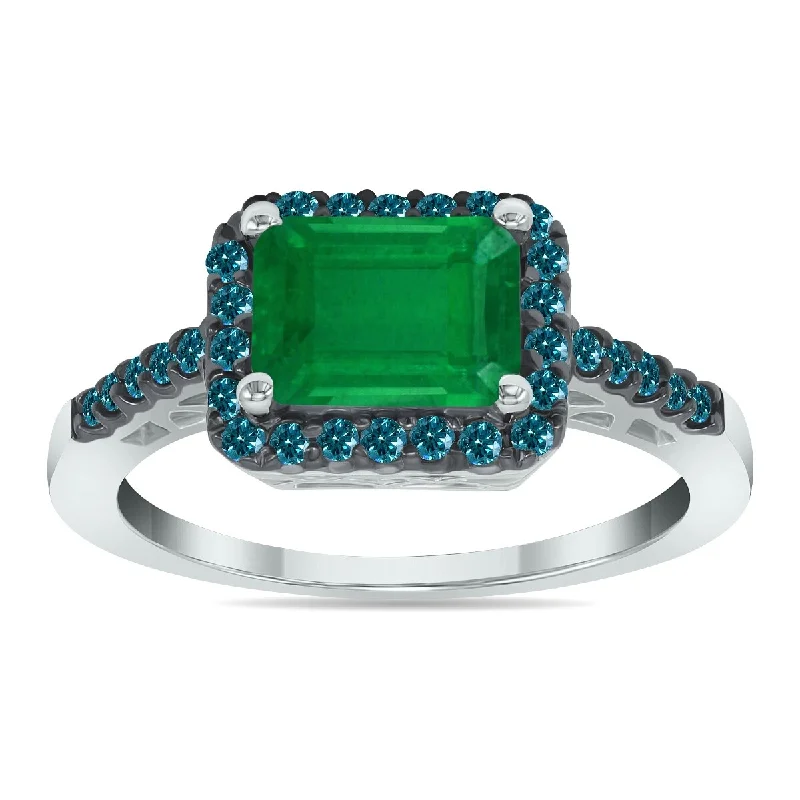 Marquee Jewels 2 1/2 Carat Emerald Cut Emerald and 1/3 CTW Blue Diamond Ring in 10K White Gold