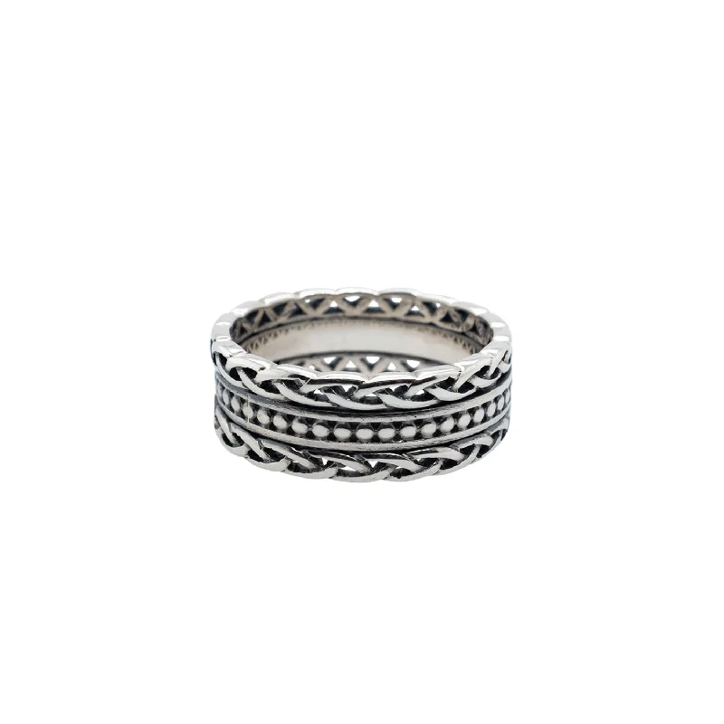 Silver Beaded Ring with Knotwork Rails