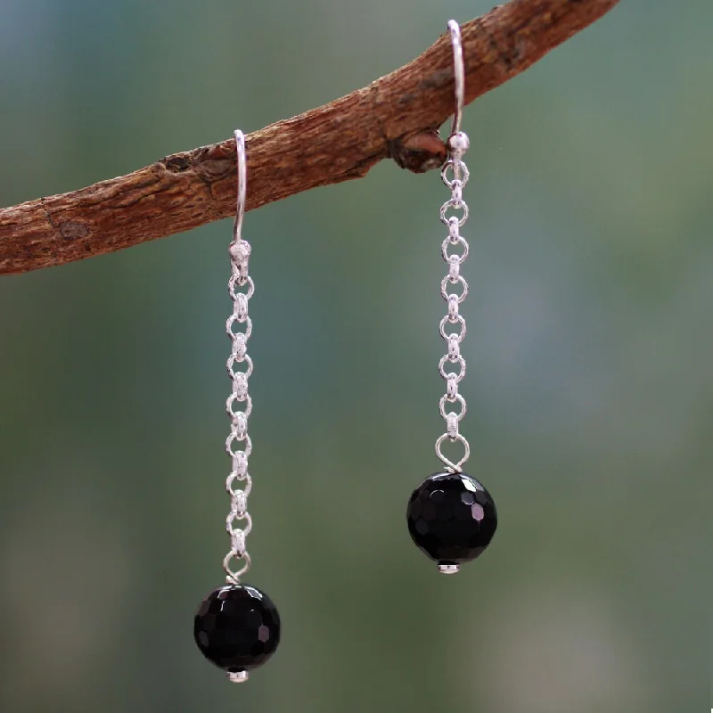 Handmade Sterling Silver 'Protection Pendulums' Onyx Earrings (India)