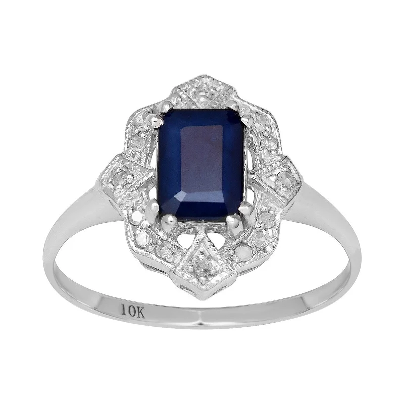 Viducci 10k White Gold Vintage Style Genuine Emerald-Cut Sapphire and Diamond Ring