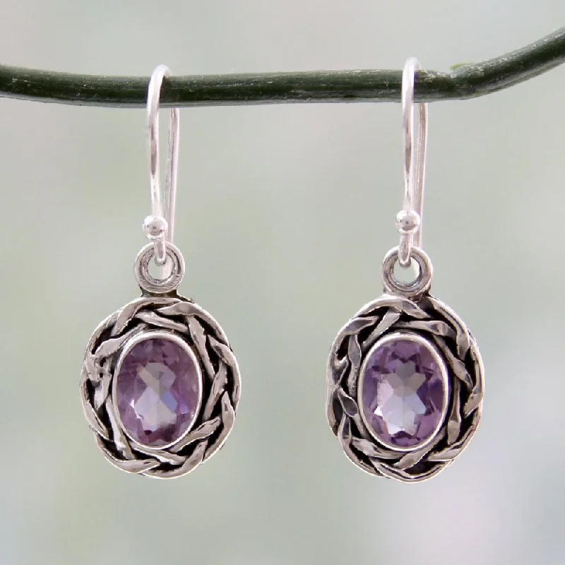 Sterling Silver 'Indian Basket' Amethyst Earrings (India) - 1.2L0.5W