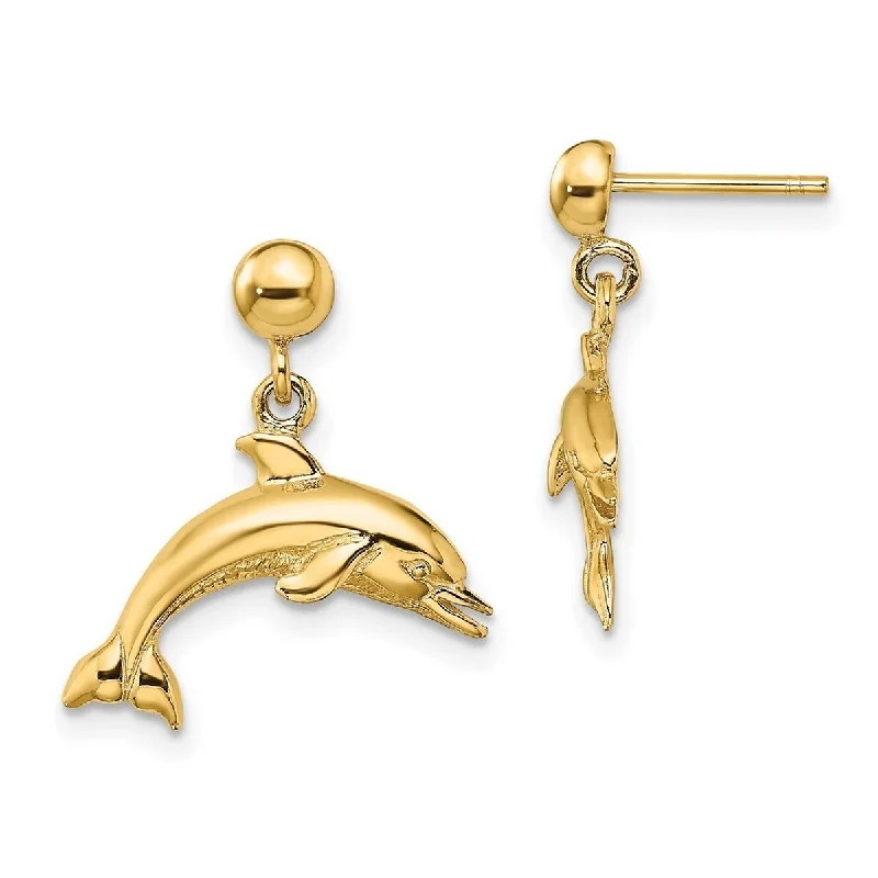 Curata 14k Yellow Gold Jumping Dolphin Long Drop Dangle Earrings - 17.8x7.4mm