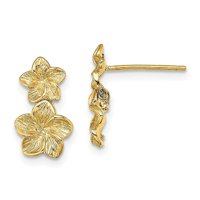 Curata 14k Yellow Gold Double Flower Drop Post Earrings Plumeria 13.5x8mm