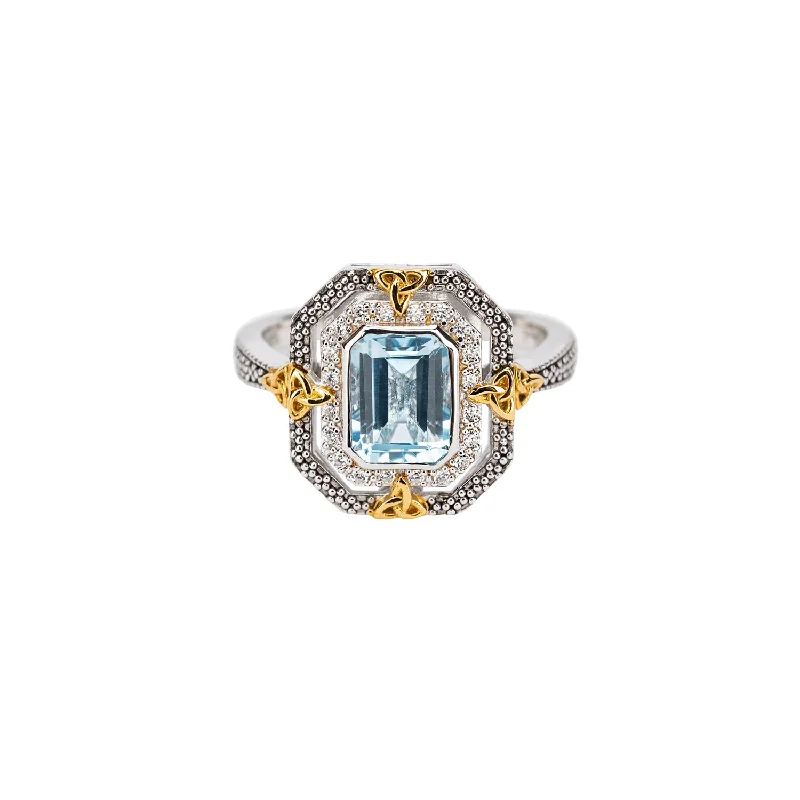 Silver And 10k Gold Octagon Celestial Ring - Sky Blue Topaz