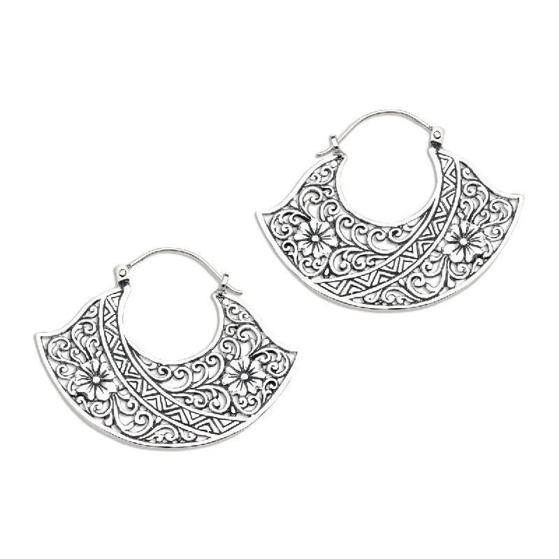 NOVICA Cape of Flowers, Sterling silver hoop earrings - 1.2*1.6