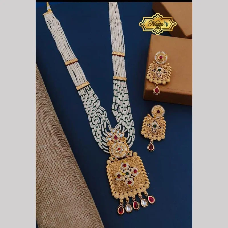 Neetu Art Gold Plated Pota Stone And Pearl Long Necklace Set