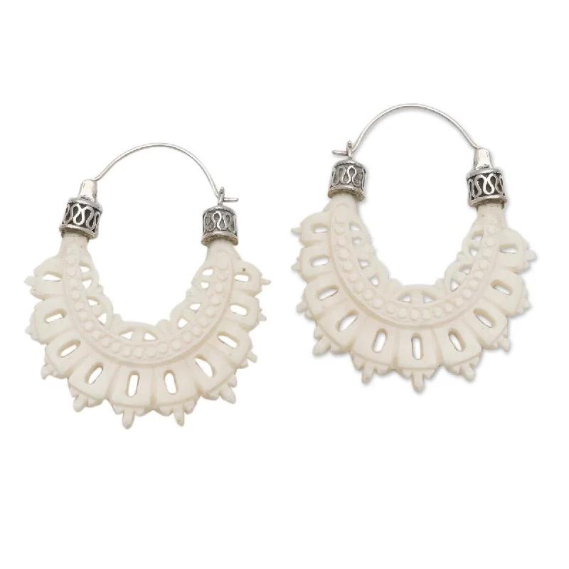 NOVICA Semarapura Lace, Bone and sterling silver hoop earrings - 2*0.2