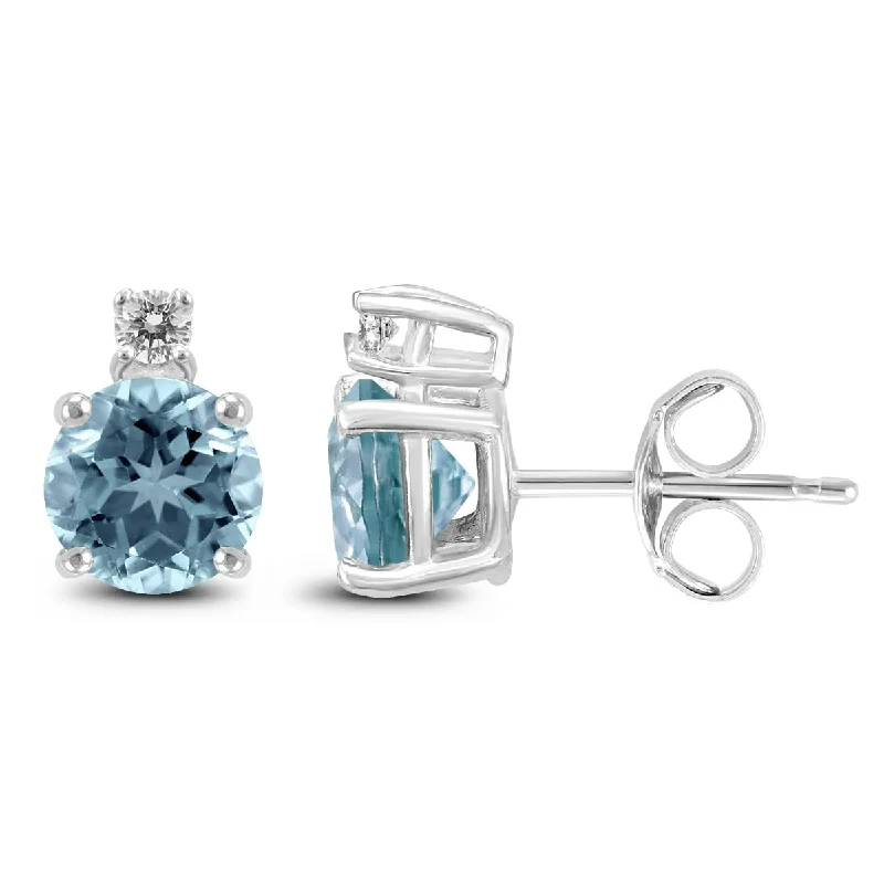 Marquee 14K White Gold 5MM Round Aquamarine and Diamond Earrings