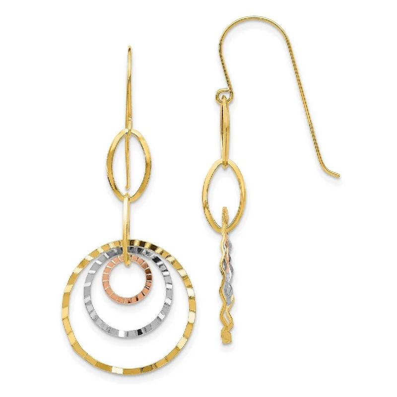 Curata 14k Tri Color Gold Textured Wavy Circle Long Drop Dangle Earrings - 43x19mm