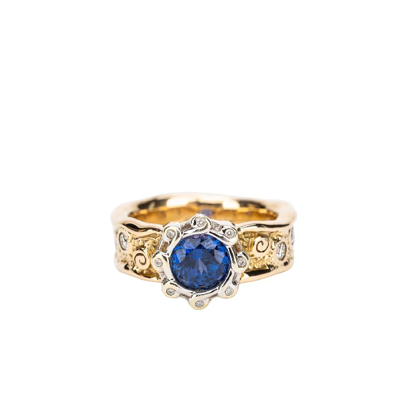 14k Yellow and White Gold Ring with AAA Blue Sapphire 'Rocks 'n Rivers' Ring