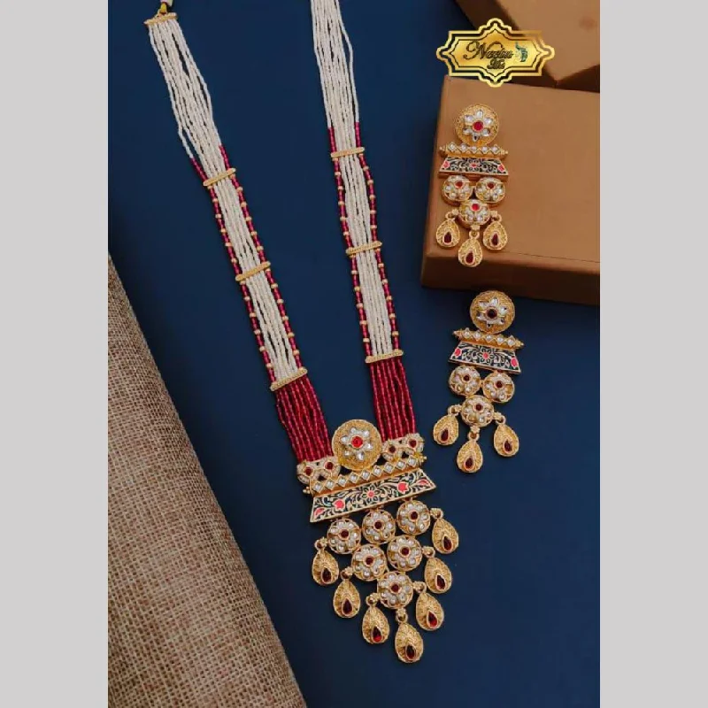 Neetu Art Gold Plated Pota Stone And Pearl Long Necklace Set