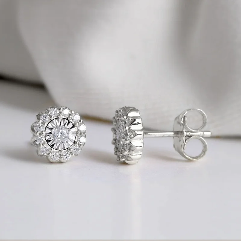 1/5ct TDW Diamond Halo Stud Earrings in Silver Rhodium by De Couer