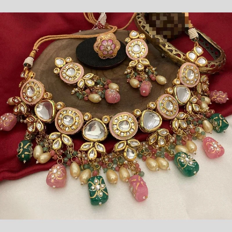 FS Collection Gold Plated Kundan Stone And Beads Necklace Set