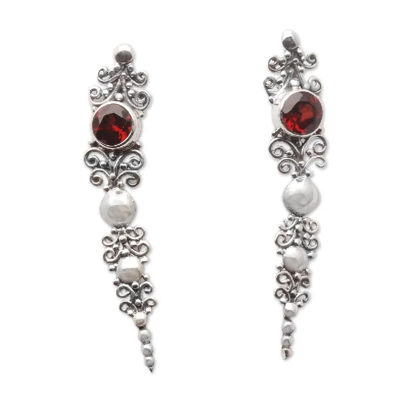 NOVICA Crimson Penjor, Garnet ear climber earrings - 1.2L0.3W