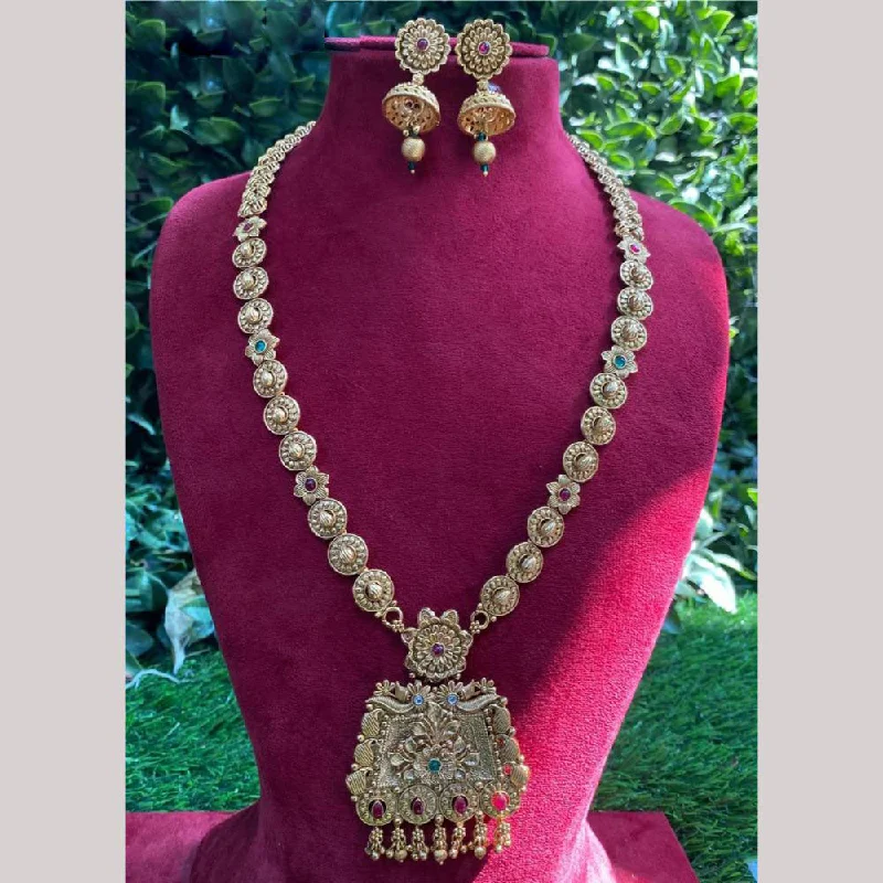 Amoliya Jewels Gold Plated Pota Stone And Pearls Long Necklace Set