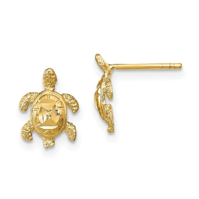 Curata 14k Yellow Gold Sparkle Cut Sea Turtle Post Earrings - 11x8mm