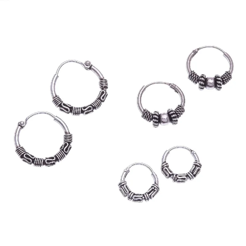 NOVICA Thai Intricacy, Sterling silver hoop earrings (set of 3) - 0.6*0.6