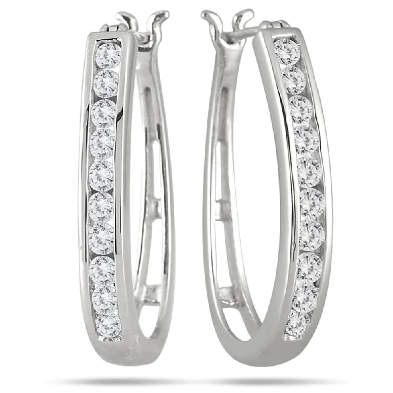 Marquee 10k White Gold 1ct TDW Round Channel Set Diamond Hoop Earrings