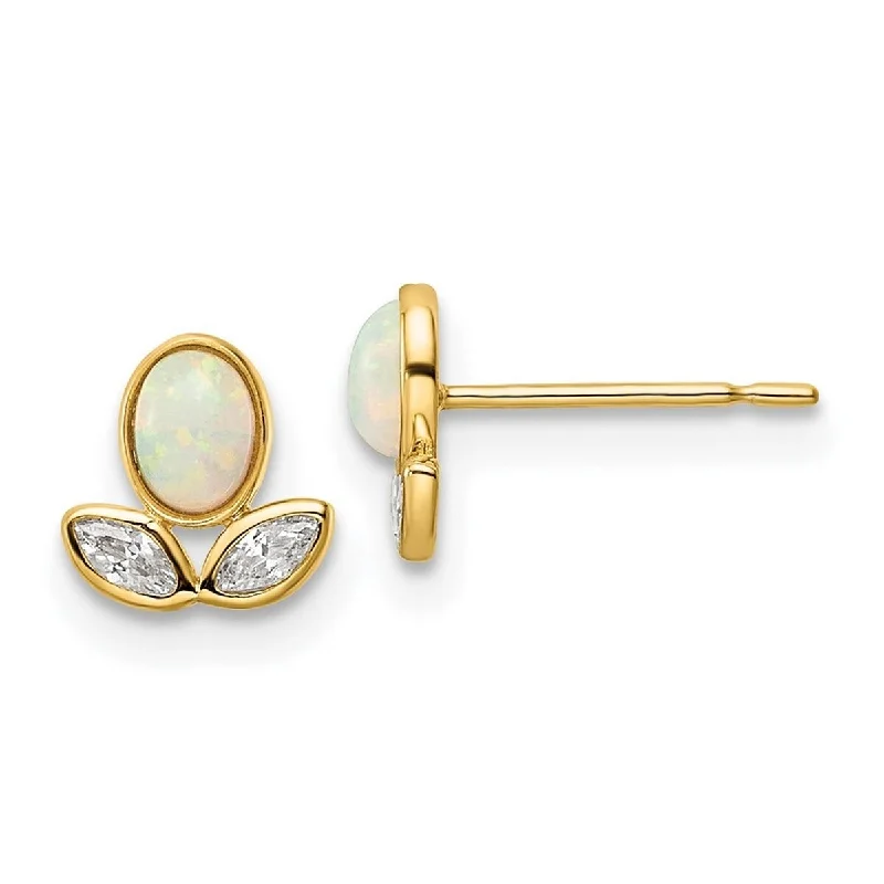 Curata 14k Gold Cubic Zirconia and Simulated Opal Post Earrings - 7x6.75mm Wide