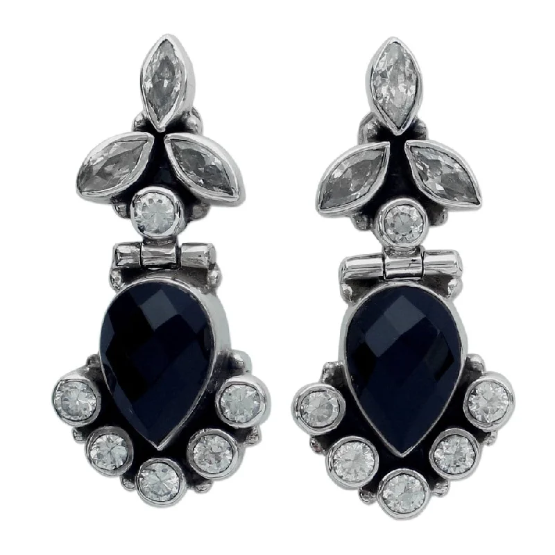 Handmade Sterling Silver 'Midnight Dewdrops' Onyx Quartz Earrings (India) - 1.4*0.6